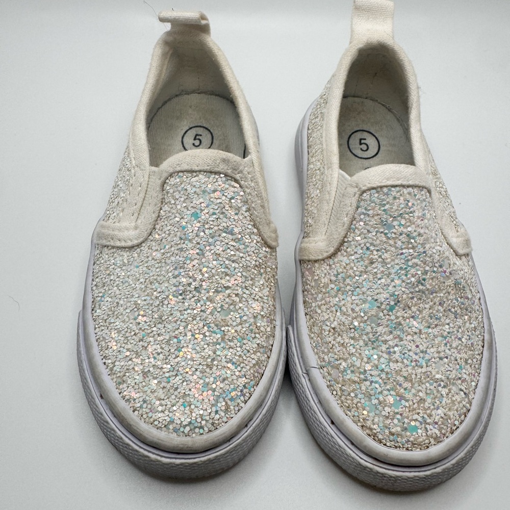 Cat and Jack White Glitter Sparkly Girls Toddler Size 5 Slip-On Shoes